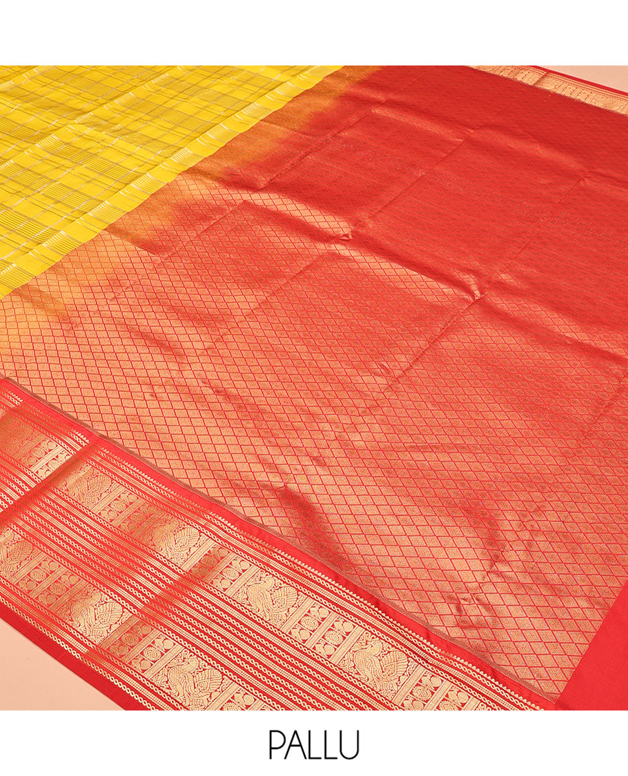 Lemon Yellow and Red Vasundhara Lite Silk Saree, Richly Detailed with Zari Checked Design On Its Body, Complemented by Contrast Varisai Pettu Border of Mayil Chakram Designs, Grand Jaal Pallu, and Paired with a Contrast Blouse