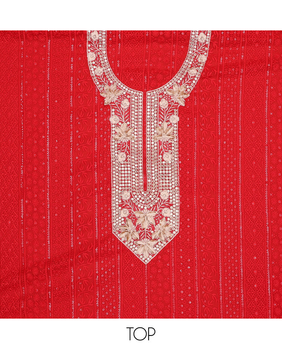 Red chudidhar material set , floral embroidery, sequins top, plain bottom & floral sequins dupatta