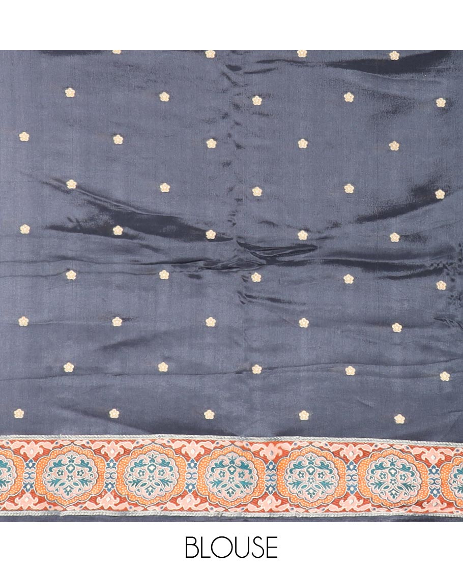 Black floral vine design semi-banaras dola silk saree with contrast border & intricate design pallu