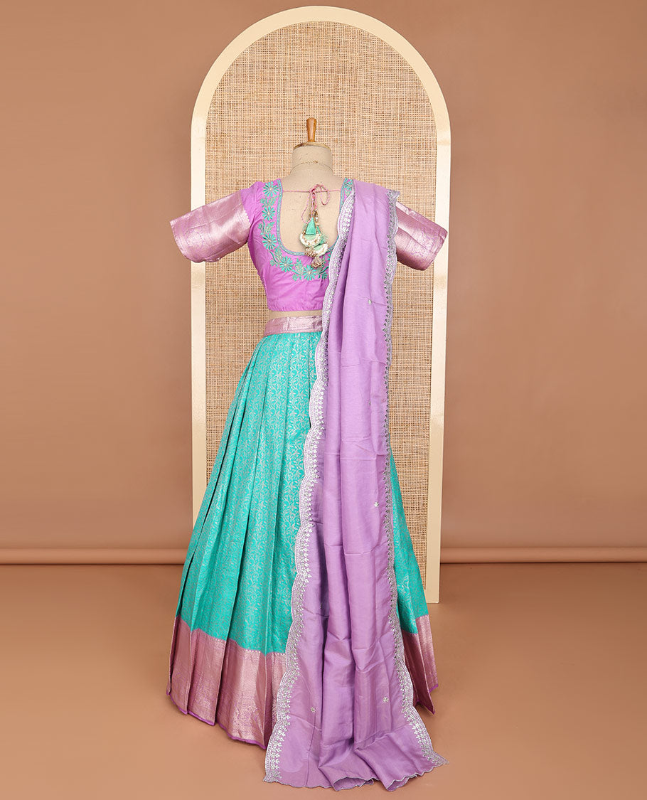 Sea blue floral art silk half saree with contrast zari design border, embroidered blouse & floral embroidery dhavani