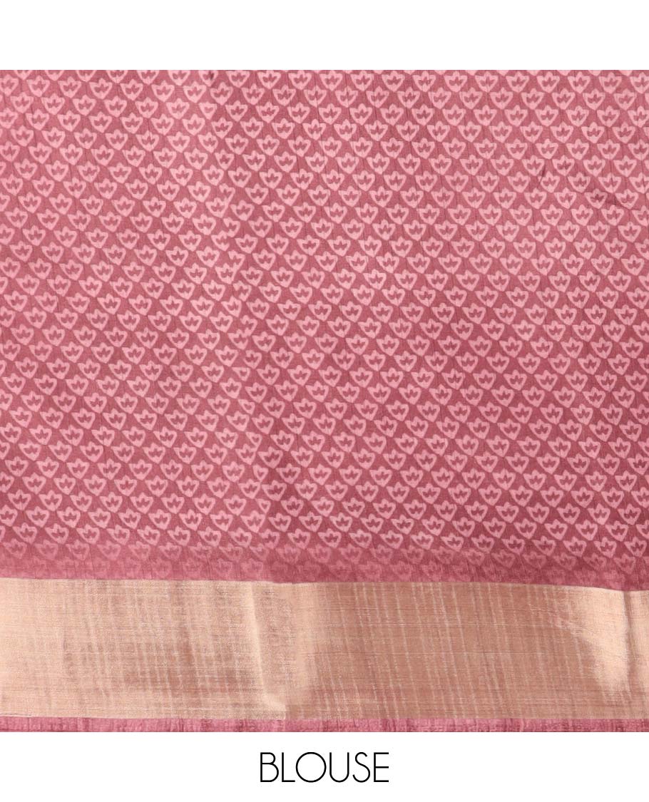 Pink argyle design semi-banaras printed saree with contrast zari border & floral motifs pallu