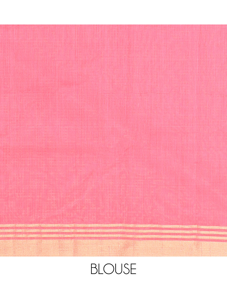 Pink leaf motifs chanderi cotton saree with self zari border & striped pallu