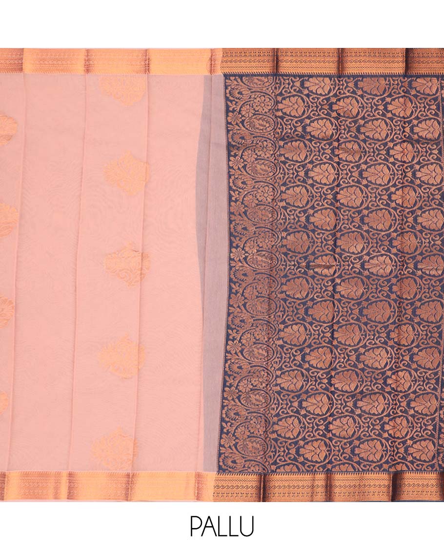 Peach floral motifs kora cotton saree with contrast zari design border & floral vine design pallu