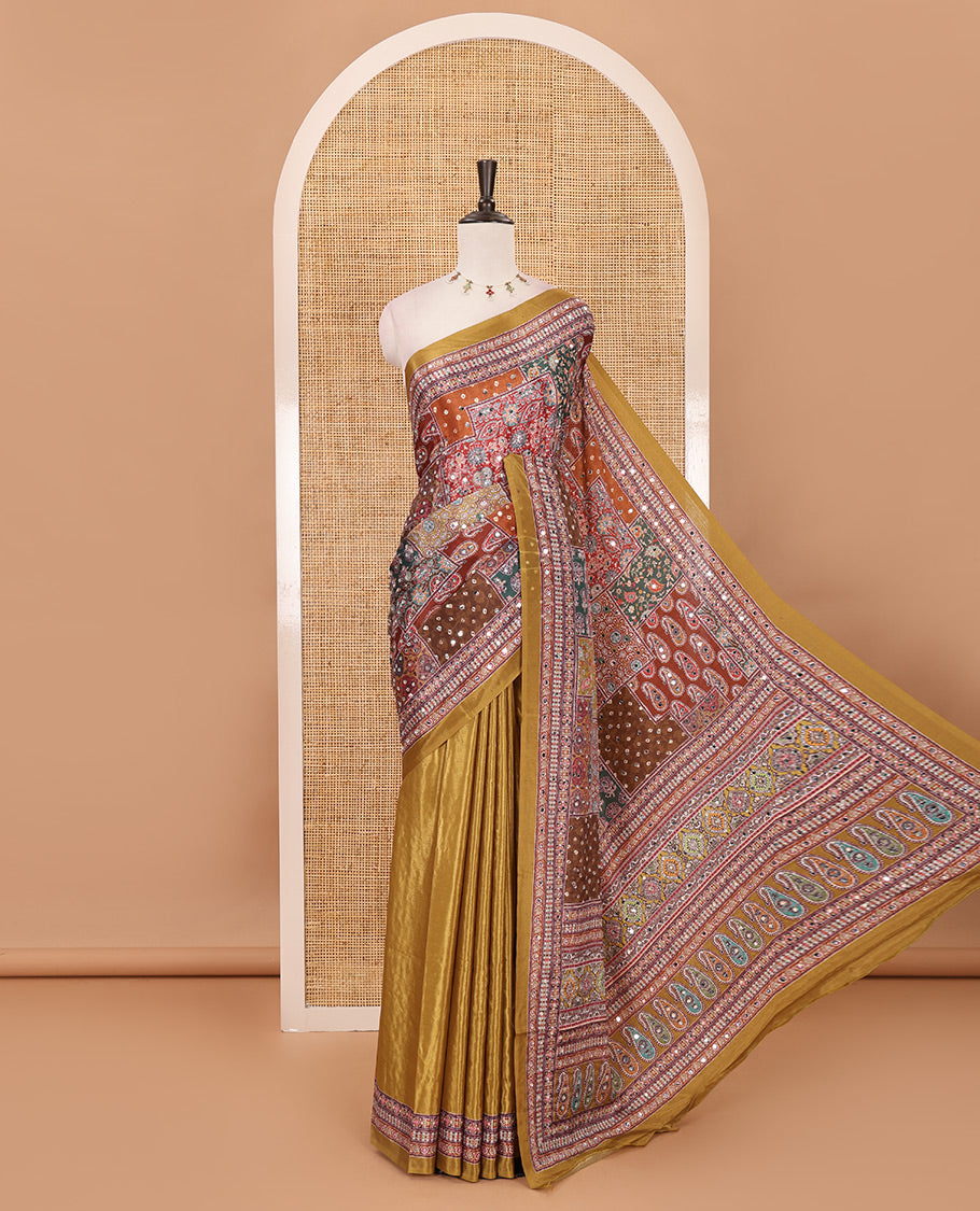 Mustard geometric patterns kaleidoscope-colored printed & mirror embroidered half-&-half masakali saree, printed border & pallu of embroidery work & plain blouse