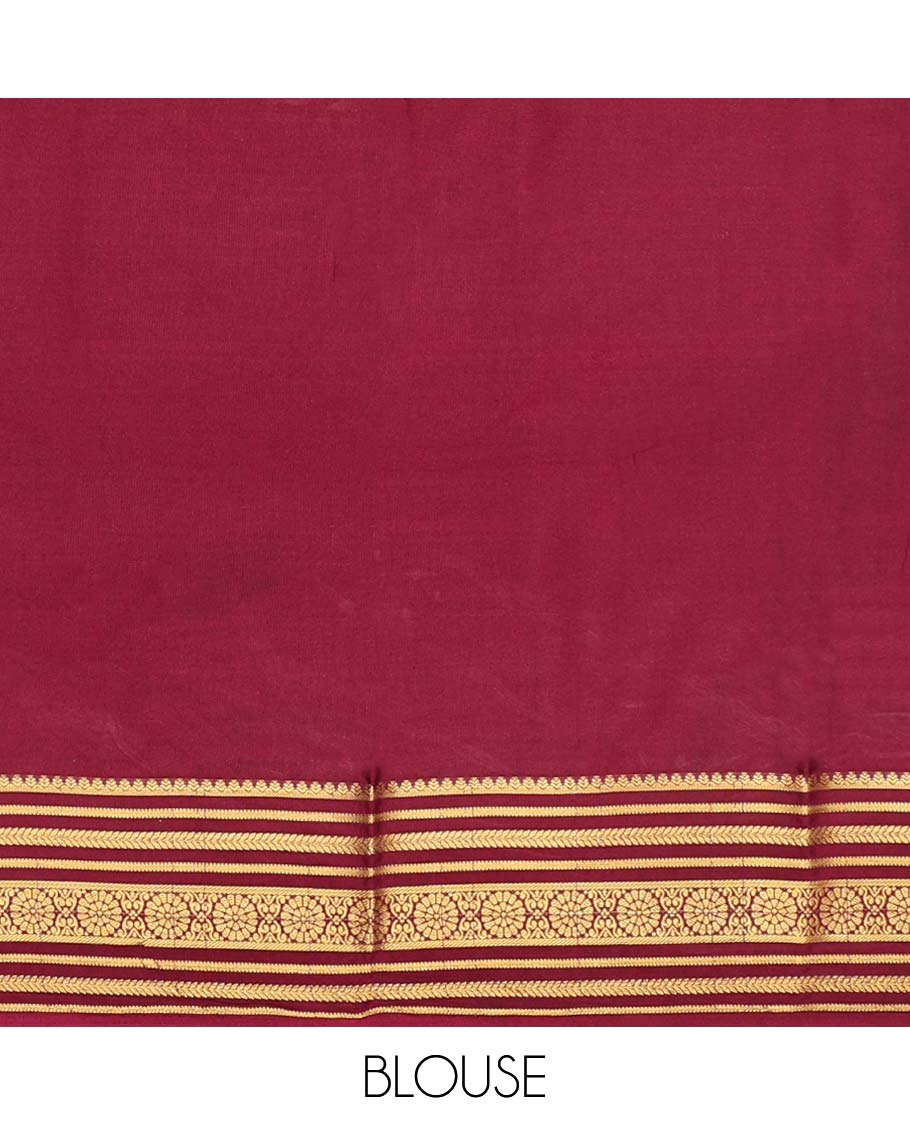 Sandal pichwai-style floral vine printed semi-banaras printed saree, contrast traditional design border & striped pallu
