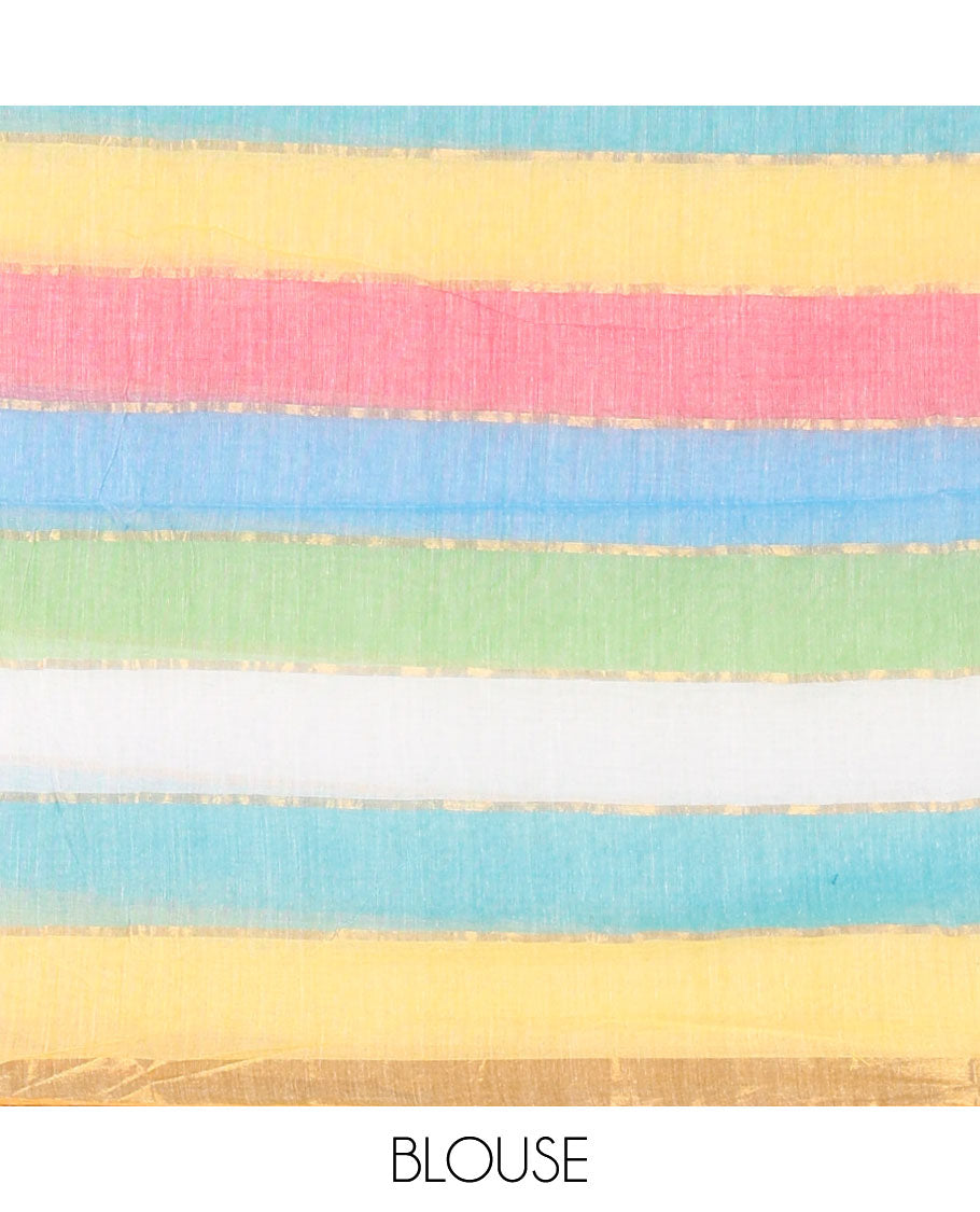 Rainbow-color striped khadi cotton saree, zari border, self-pallu of multi-color tassels & multi-color striped blouse