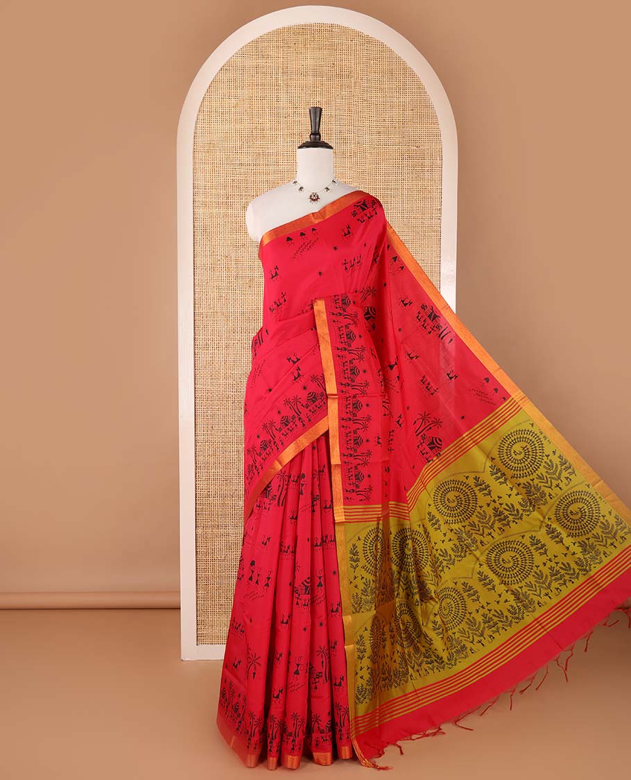 Magenta pink warli motifs printed micro-silk saree, copper zari small border, contrast warli printed pallu & plain blouse