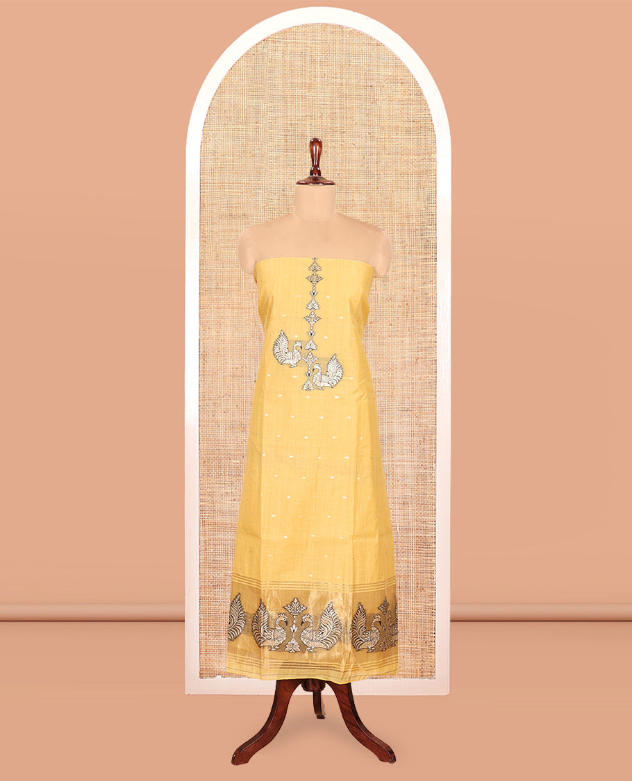 Yellow Chanderi Material Chudidar, Zari Buttas and Annam Buttas Top, Matching Bottom, Annam Buttas Dupatta