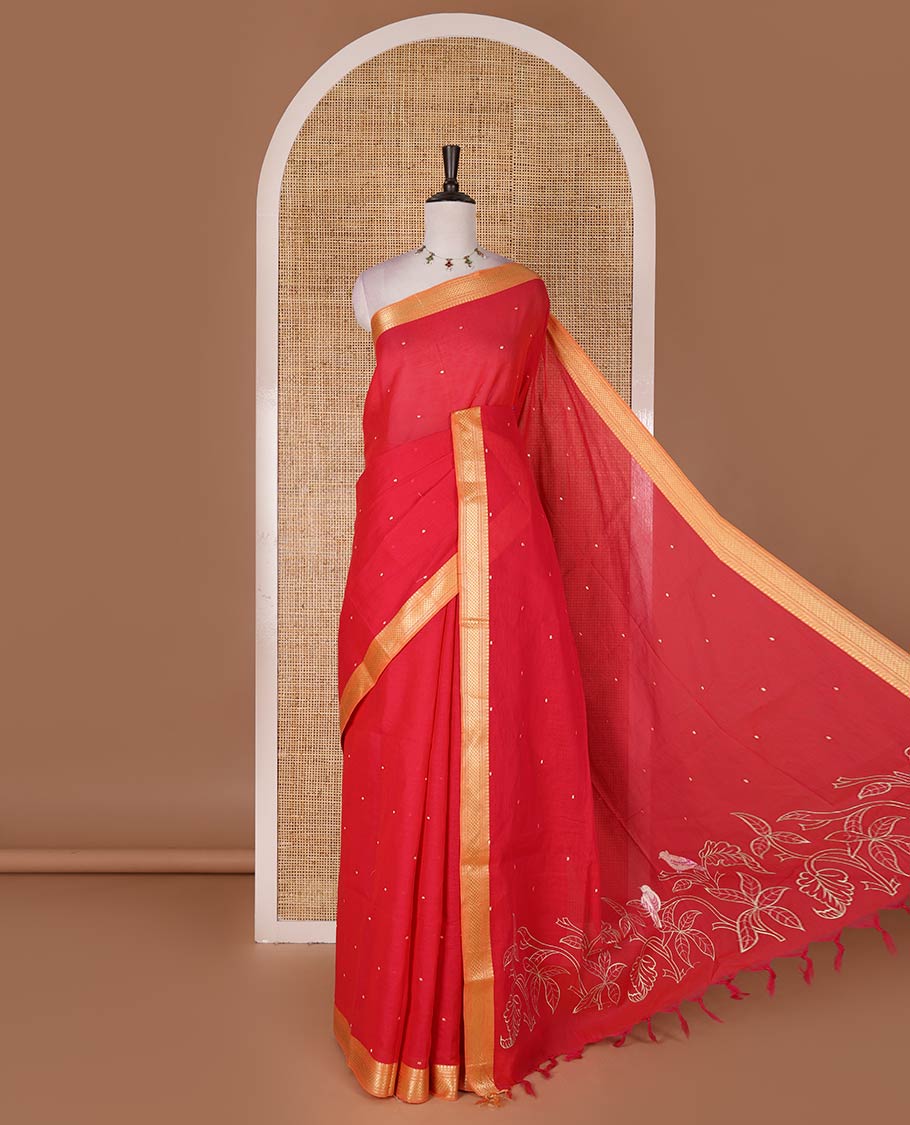 Rani pink buttas Mangalagiri cotton saree, contrast traditional zari border, floral vine with bird embroidered pallu, and matching blouse