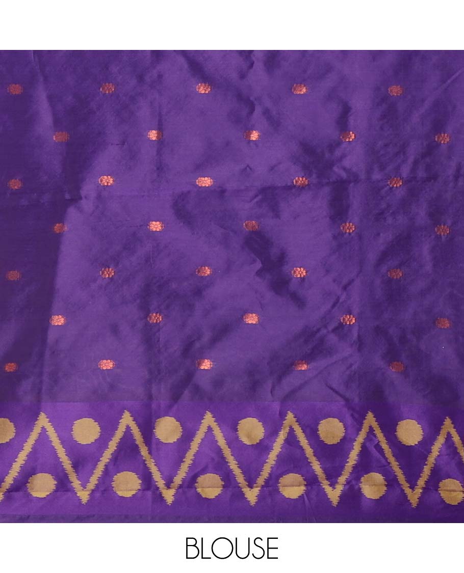 Yellow unique motifs thread weave pochampally ikat mulberry silk saree, contrast chevron & polka dot border and zari-rich intricate pallu