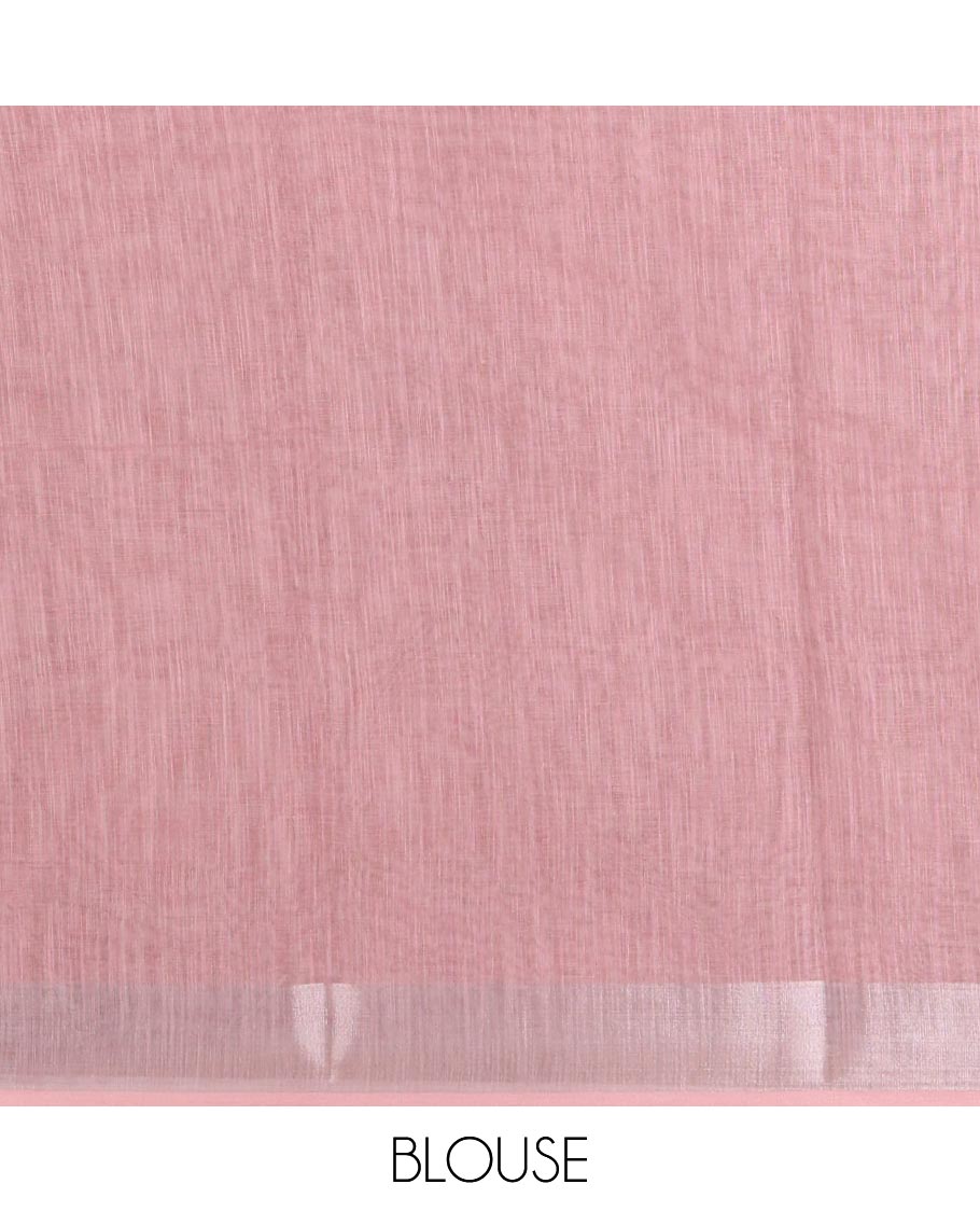 Green and Dusky Pink Linen Cotton Saree, Creatively Designed with Tropical Floral, and Newspaper-Texture Printed on Its Body, Complemented by a Silver Tissue Border, a Self-Printed Pallu, and Paired with a Matching Blouse