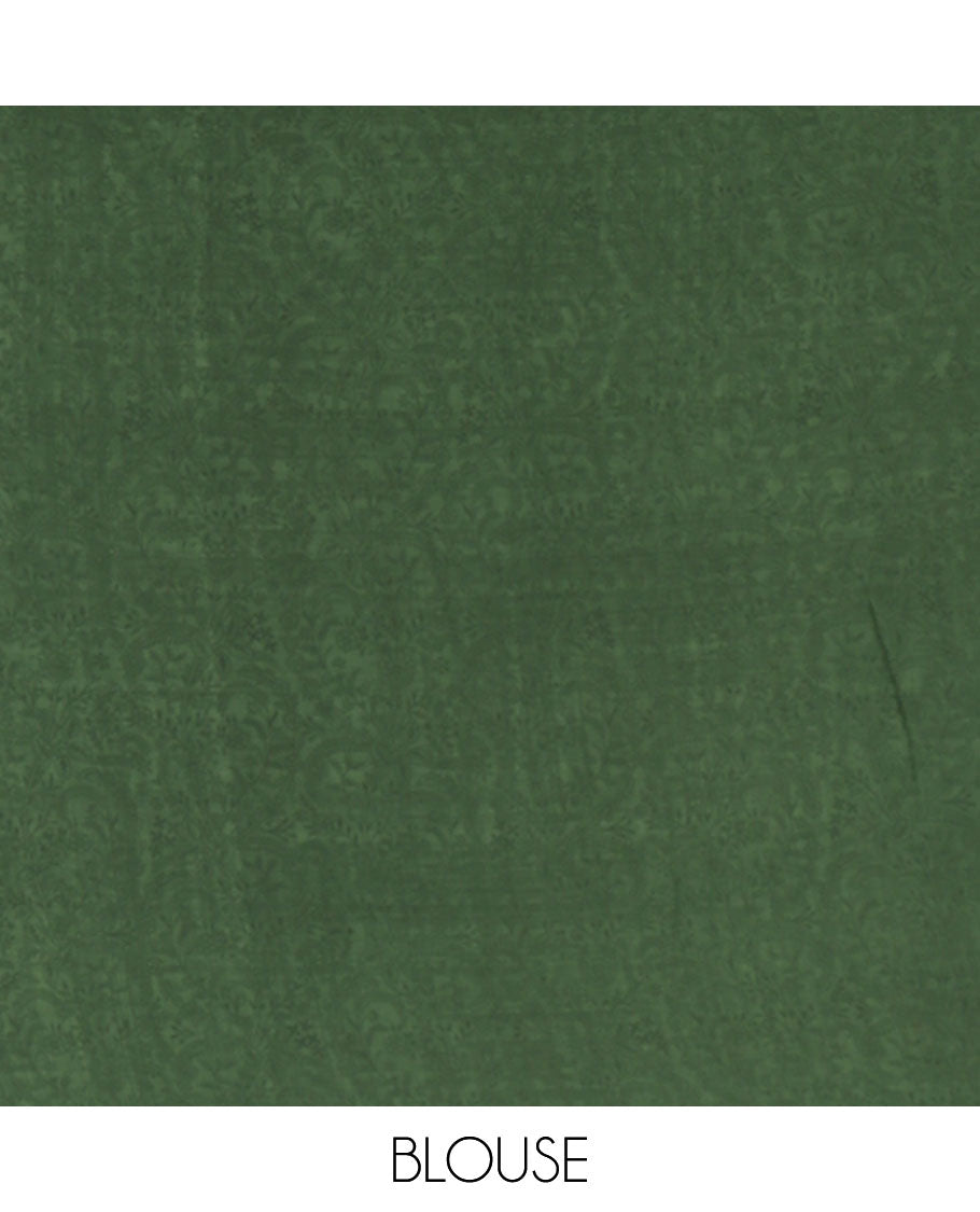 Green intricate floral & bird printed kimaya saree, peacock printed border, printed pallu & contrast printed blouse