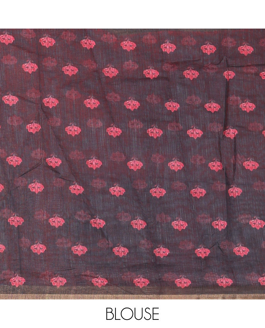 Rani Plain Linen Cotton Saree, Artfully Detailed with Elephant Motifs on Piping Border, Pallu of Elephant Motifs Print, and Paired with a Contrast Blouse