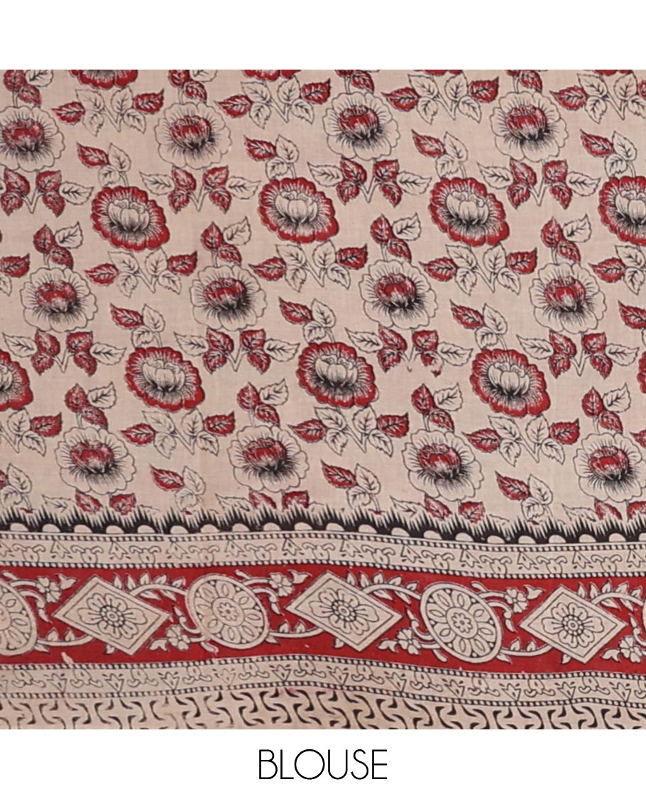 Green floral motifs machine-printed kalamkari cotton saree with contrast floral design border & human inspried design pallu