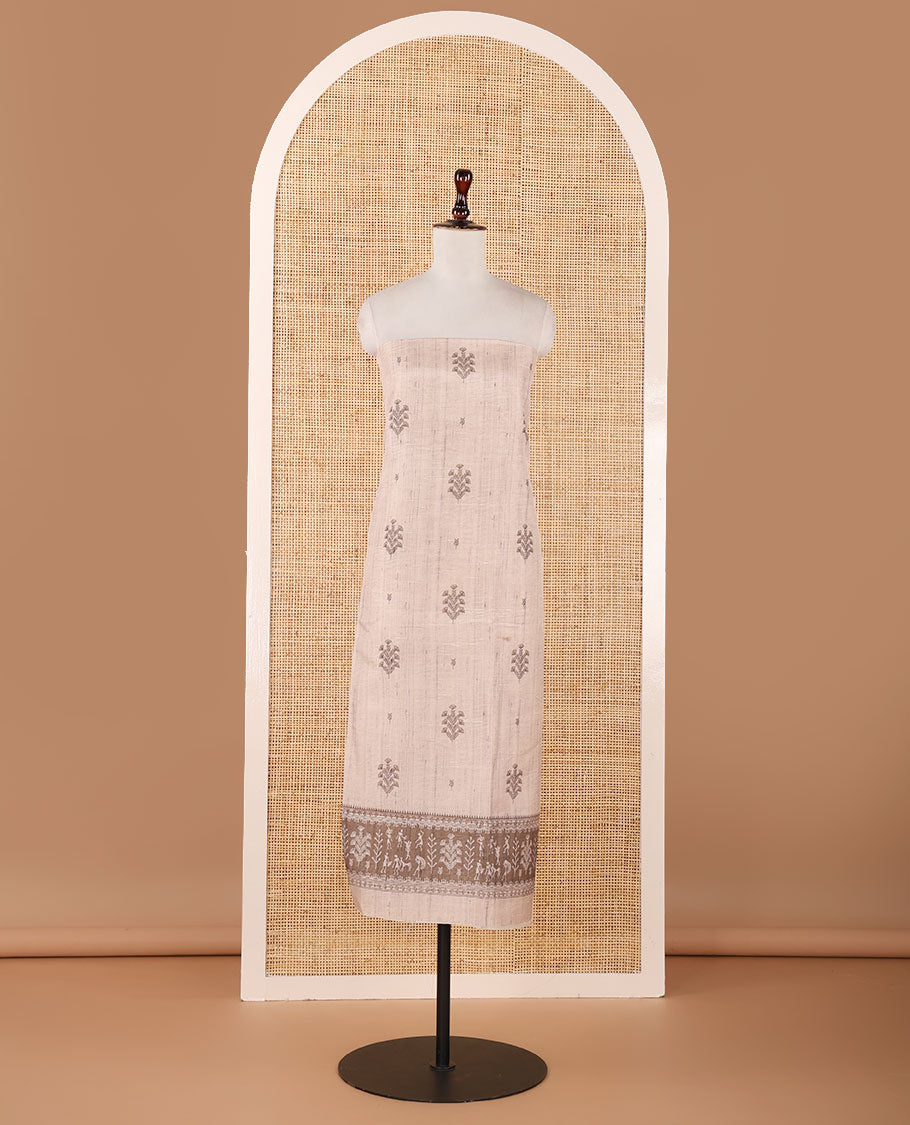 Chikku-base semi-tussar material chudidar set, floral & warli motifs top, contrast brown plain bottom & warli motifs steeped dupatta