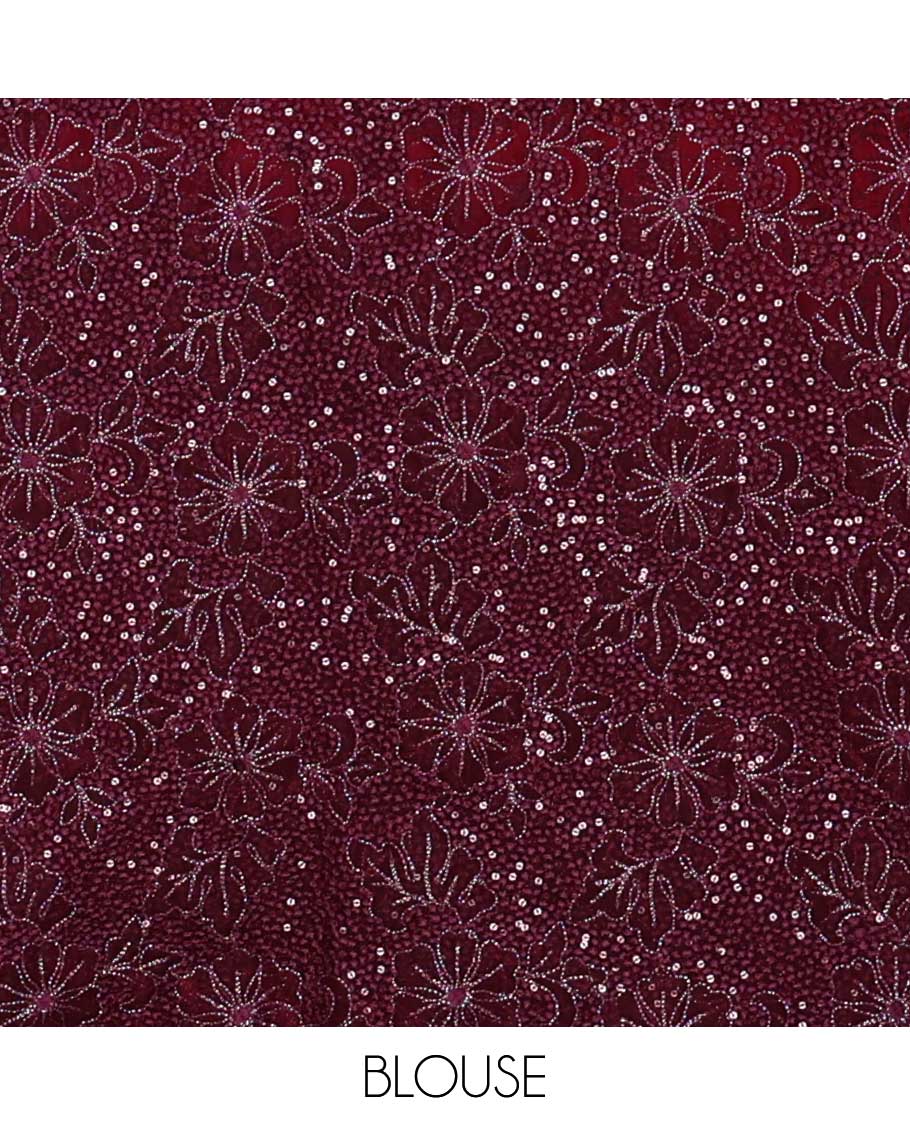 Multi- 3-D dying satin saree with zari piping border & self pallu along with net jaal, sequins enbroidery blouse