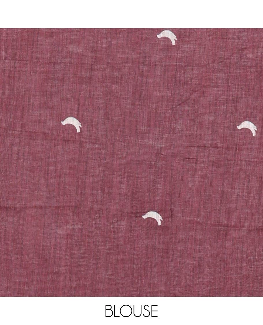 Maroon Linen Saree, Bedecked with Woman Braiding Her Hair Motifs Printed on Its Body, Subtle Zari Piping Border, Pallu Mirrors the Same Print, and Comes with a Matching Printed Blouse