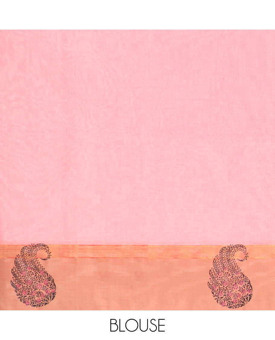 Pink paisley motifs Coimbatore cotton saree, contrast paieley motifs border & pallu of paisleys