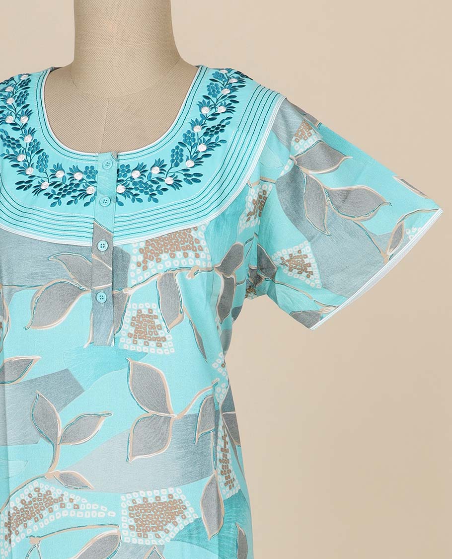 Light blue floral printed & floral thread embroidered round neck cotton half-sleeve nighty