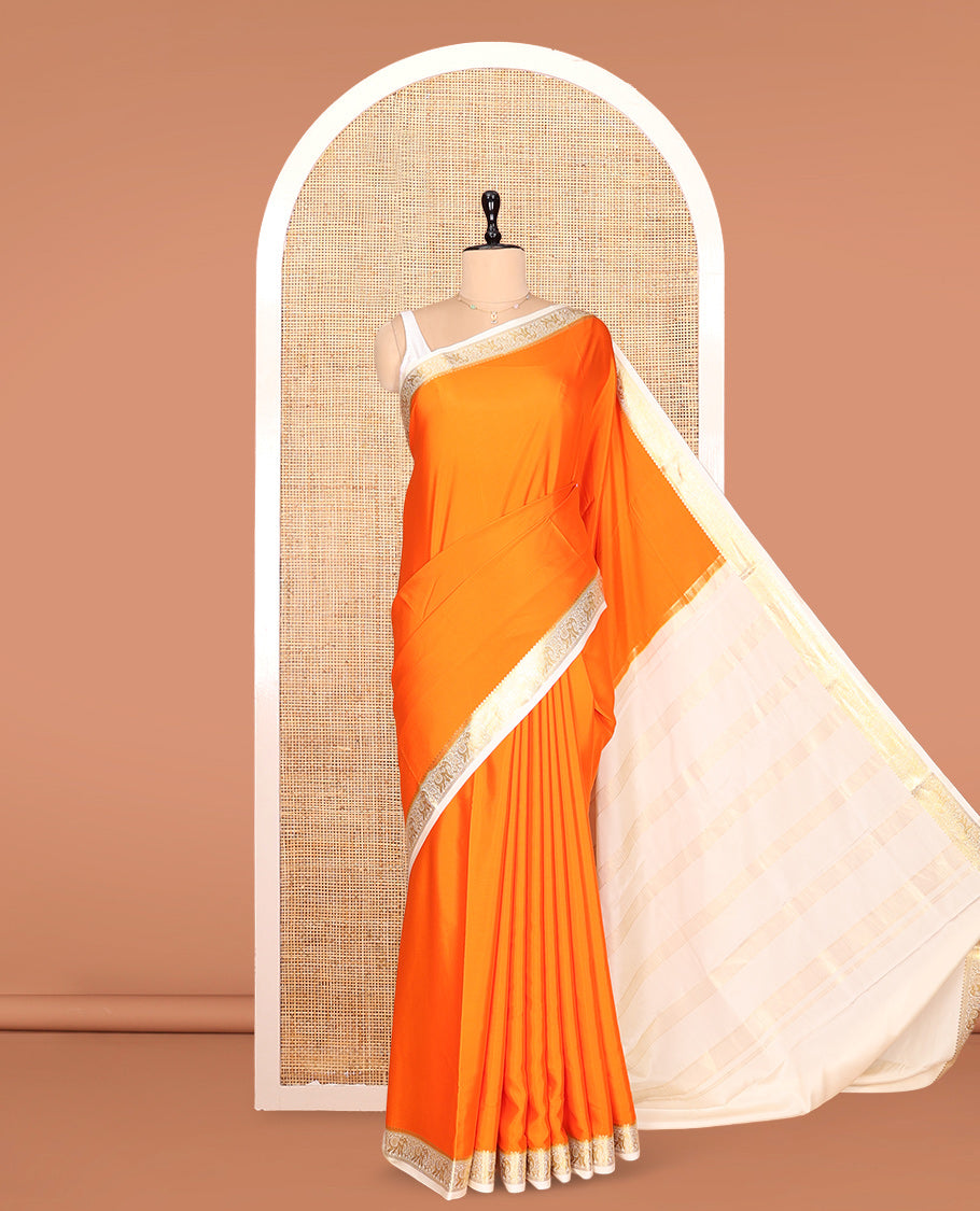 Orange Plain Mysore Silk Saree, Complemented by a Contrast Elephant Zari Border, Zari Design Pallu, and a Contrast Blouse