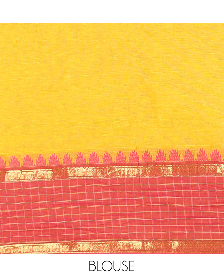 Yellow Plain Chettinad Cotton Saree, Complemented by Contrast Traditional Temple Border of Butta Enclosed Checks, Subtly Striped Pallu, and Paired with a Matching Blouse