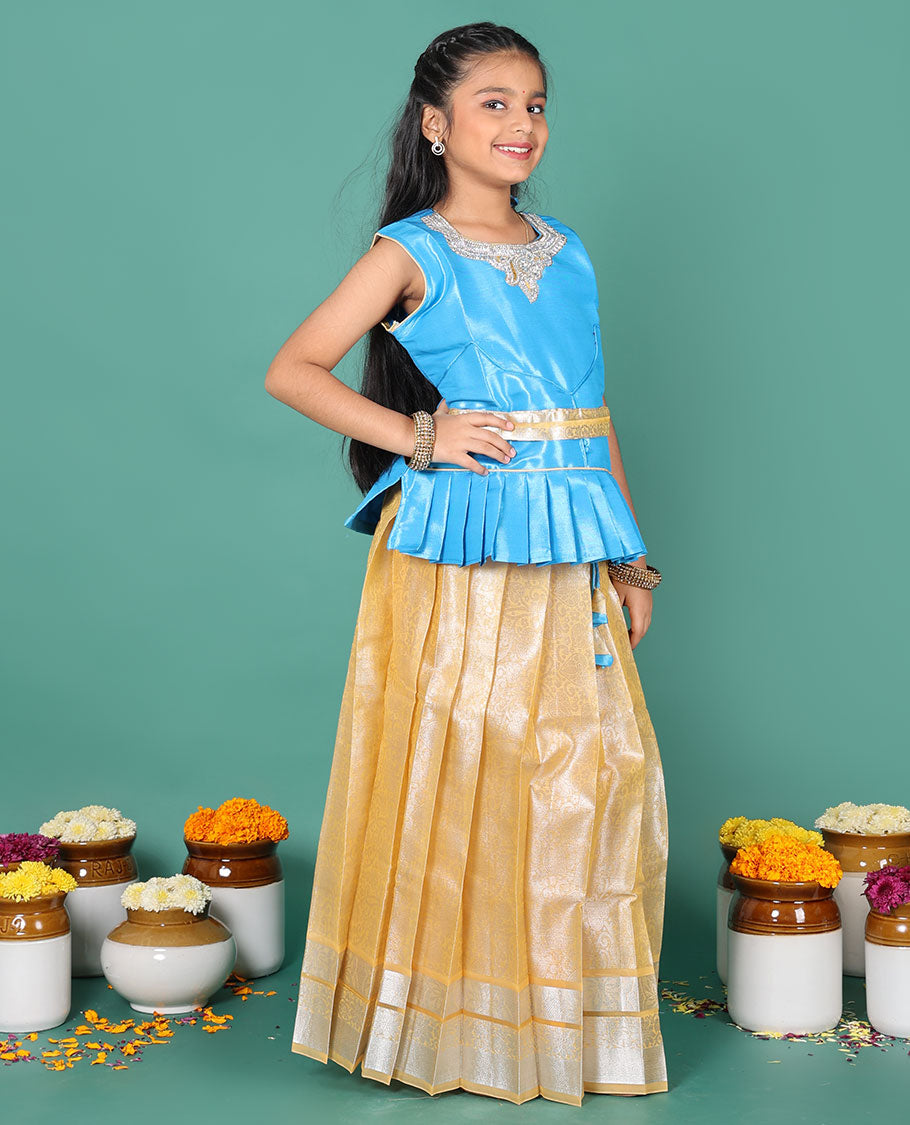 Yellow readymade art silk pavadai, jacquard skirt, & jacquard embroidered round neck sleeveless blouse with contrast zari work belt