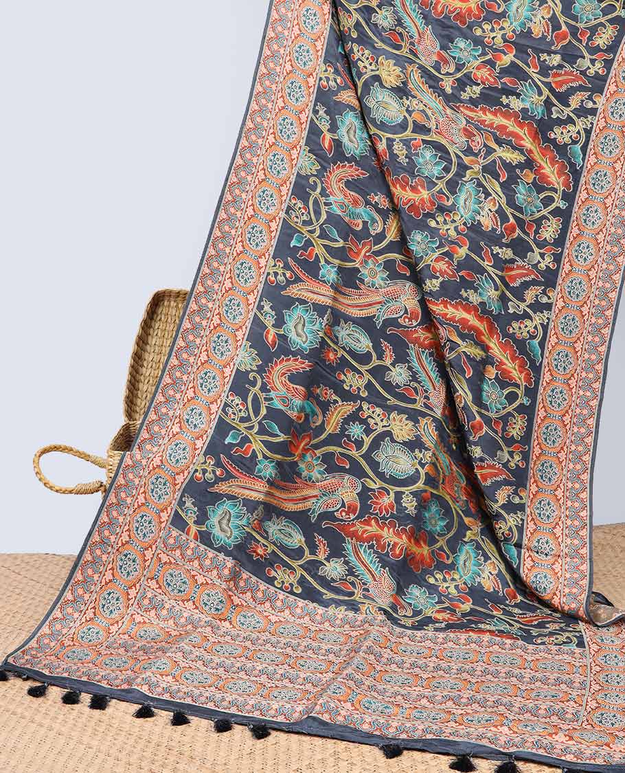 Black floral vine design semi-banaras dola silk saree with contrast border & intricate design pallu