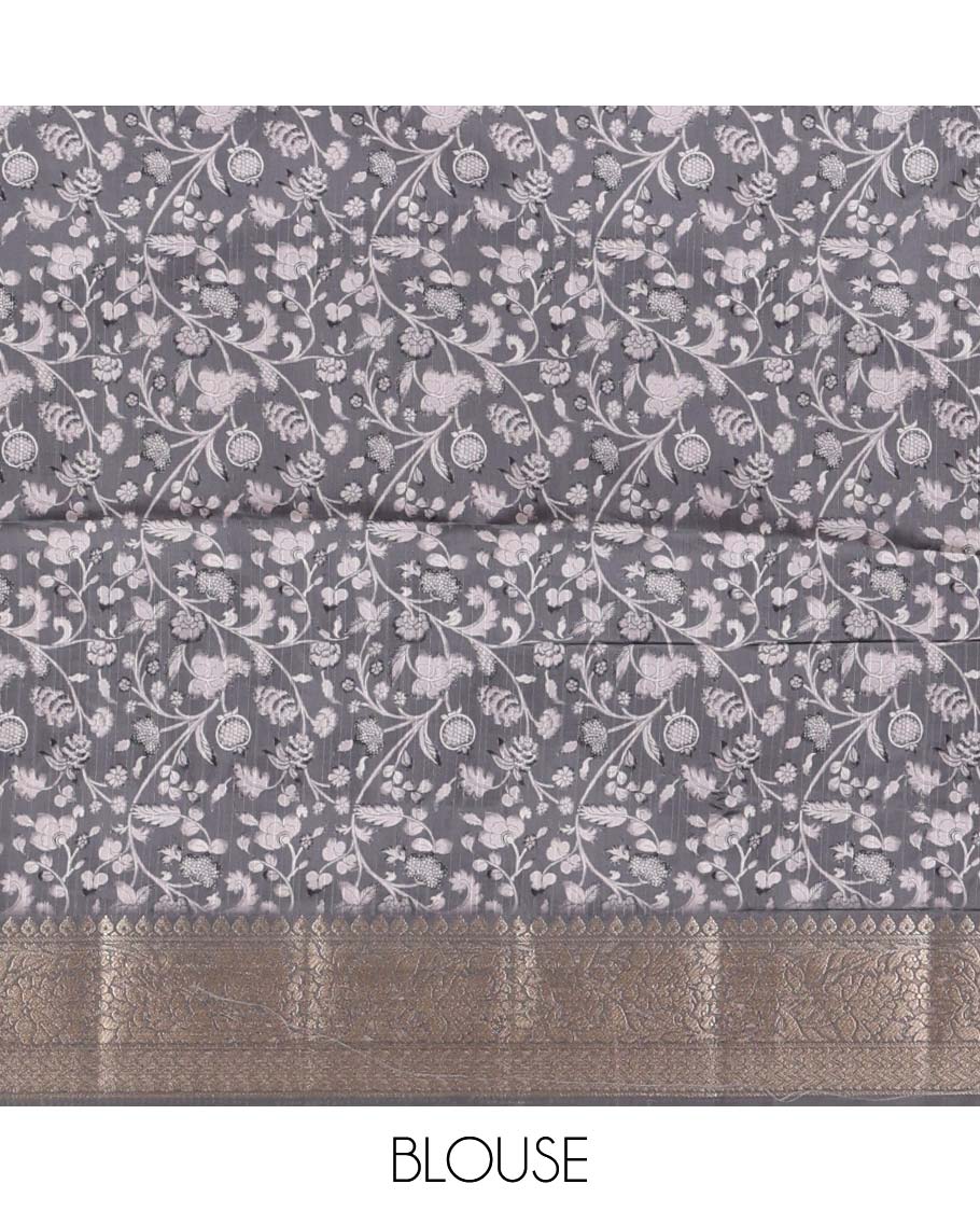 Grey kalamkari floral vine printed fancy tussar saree, contrast traditional zari border, intricate pallu, and floral printed zari border blouse