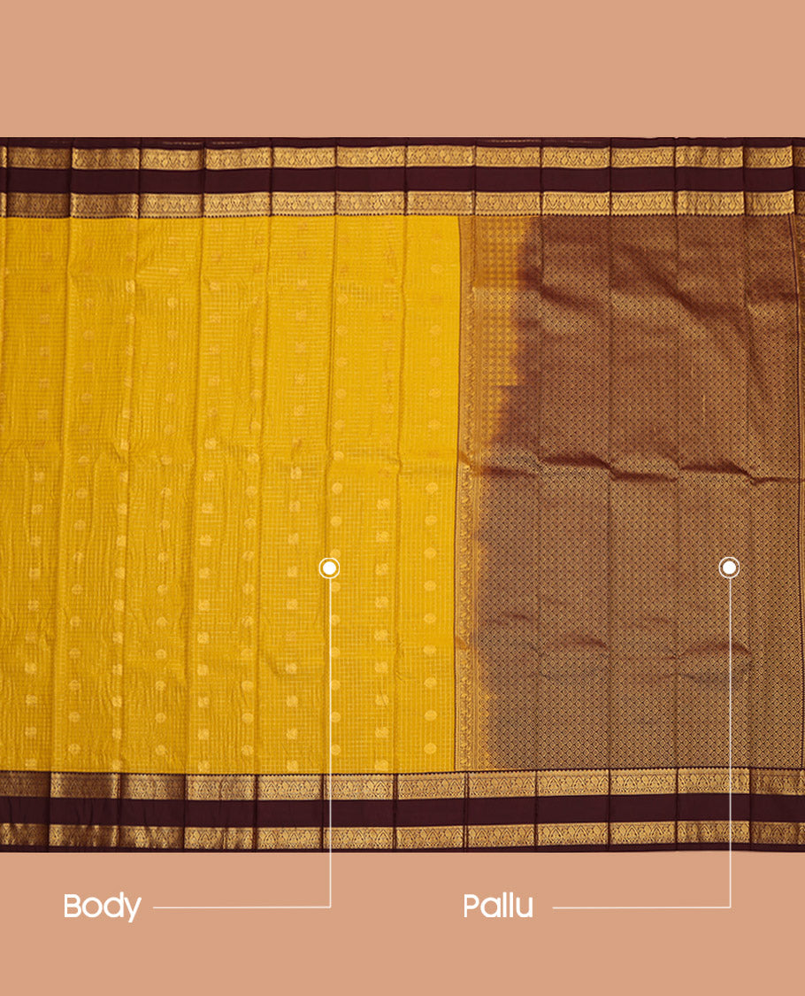 Yellow Budget Silk Saree, Sparsely Woven with Zari Buttas and Checks, Complemented by a Contrast Traditional Zari Design Rettai Pettu Border, Grand Pallu, and a Contrast Blouse