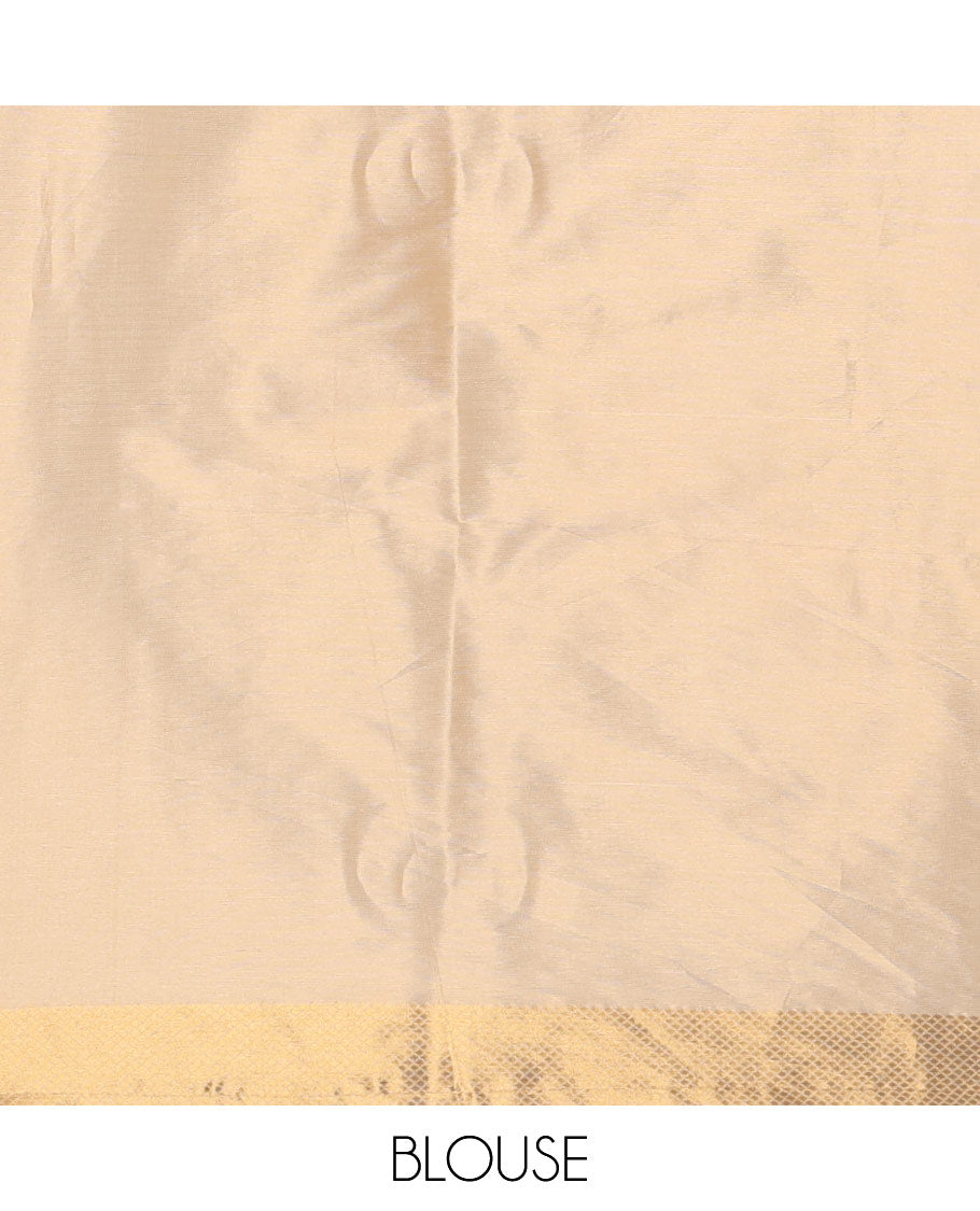 Cream small green polka dots banarasi tissue saree, zari border, pallu of green polka dots & running plain blouse