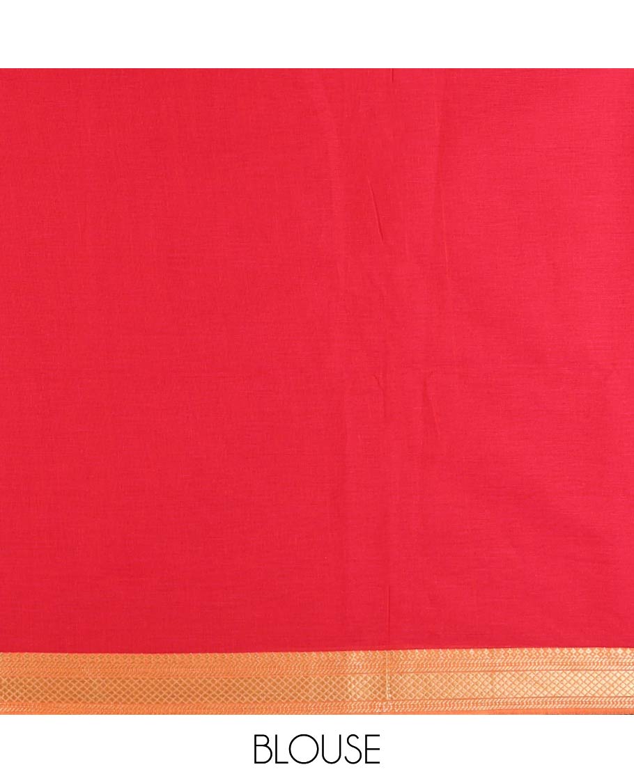 Rani pink buttas Mangalagiri cotton saree, contrast traditional zari border, floral vine with bird embroidered pallu, and matching blouse