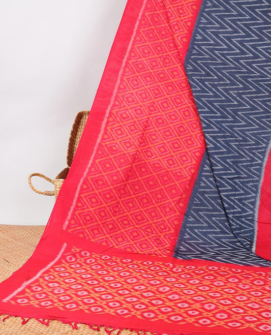 Red Ikkat cotton saree with argyle design, self pain plain border & ogee design pallu