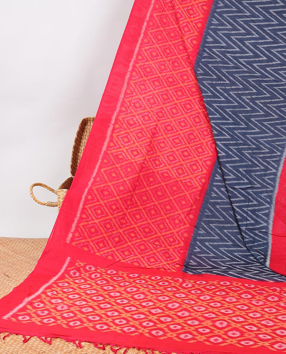 Red Ikkat cotton saree with argyle design, self pain plain border & ogee design pallu