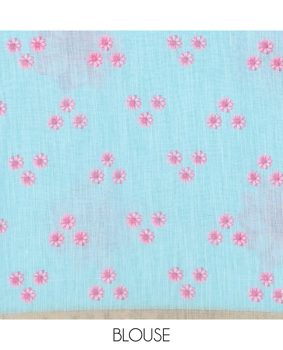 Sea blue daisy floral printed linen cotton saree, gold zari piping border, daisy floral printed pallu, and matching floral printed blouse