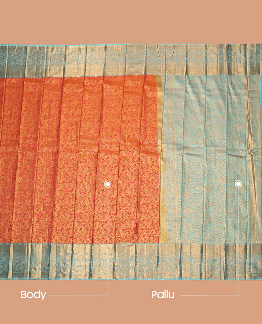 Orange Budget Silk Saree, Ornamented with Jacquard Design, Complemented by Contrast Traditional Zari Border, Intricate Pallu, and Contrast Blouse
