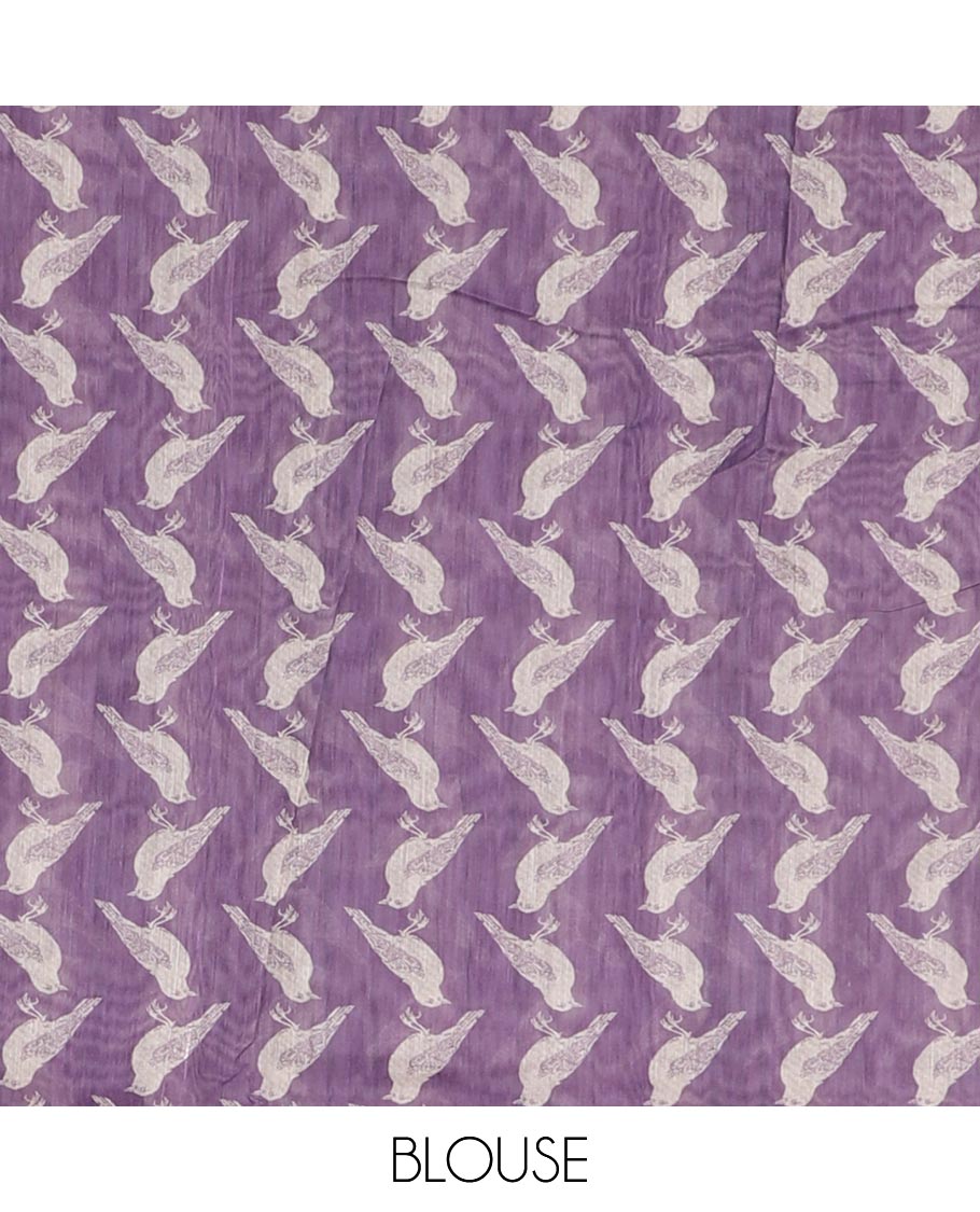 Violet plain Chanderi silk saree, floral vine, and sparrow motifs printed skirt border, and pallu, sparrow motifs printed blouse