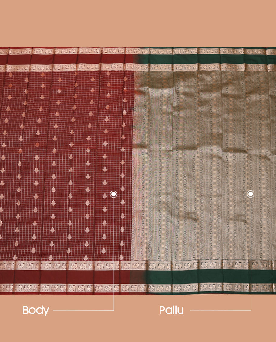 Maroon Budget Silk Saree, Ornamented with Checks and Buttas, Complemented by Rettai Pettu Traditional Zari Border, a Contrast Grand Pallu and a Contrast Blouse