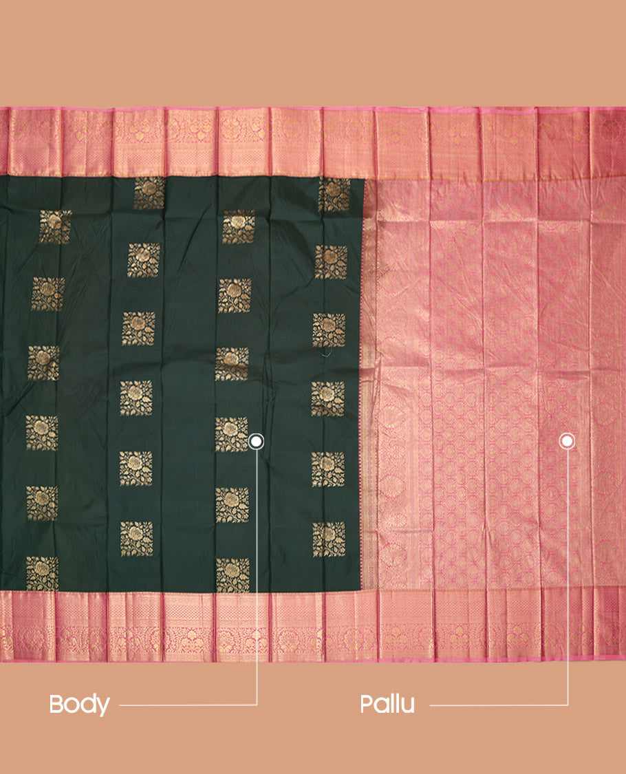 Deep Green Budget Silk Saree, Woven with Zari Buttas, Contrast Traditional Zari Border, Grand Pallu, and a Contrast Blouse