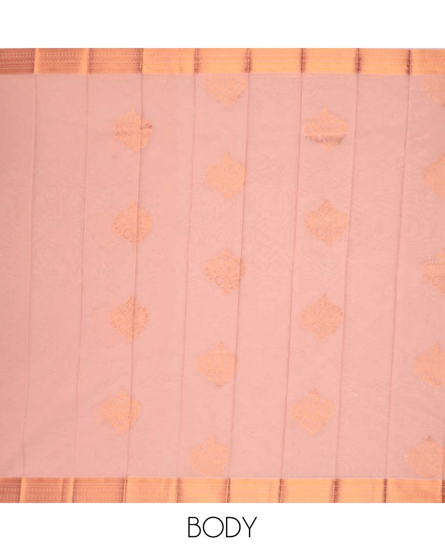 Peach floral motifs kora cotton saree with contrast zari design border & floral vine design pallu