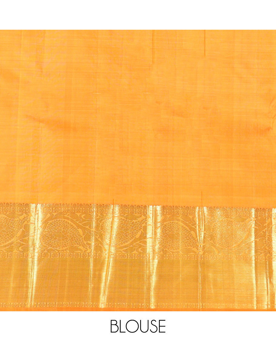 Orange checkered silk saree with self zari border of thilakam mokku, poo chakram, banaras design & zari design pallu