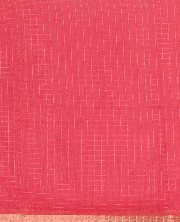 White with pink zari checks linen saree with contrast border and unique designs of pallu along with contrast plain blouse