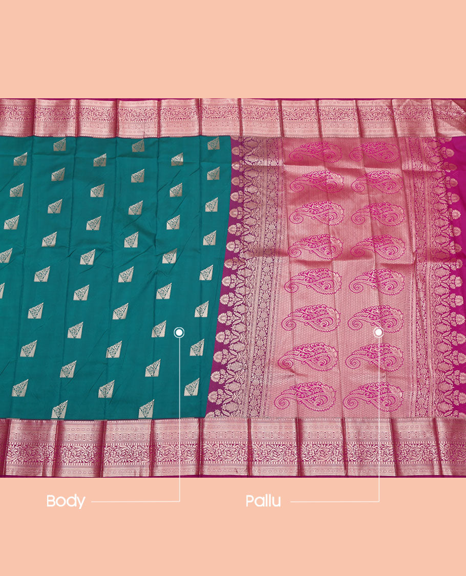 Green Budget Silk Saree, Detailed with Zari Buttas, Complemented by a Contrast Traditional Zari Border, Pallu of Paisleys, and a Contrast Blouse