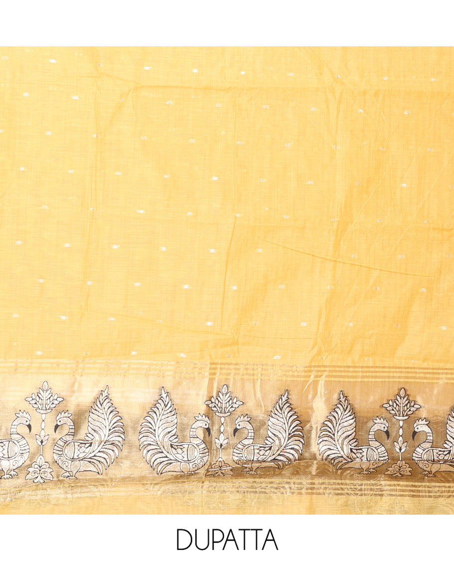 Yellow Chanderi Material Chudidar, Zari Buttas and Annam Buttas Top, Matching Bottom, Annam Buttas Dupatta