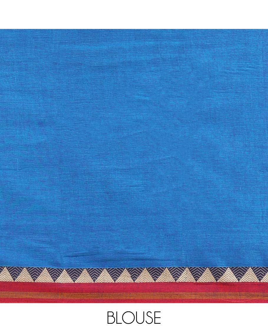 Blue plain Narayanapet cotton saree, contrast traditional design border & striped pallu