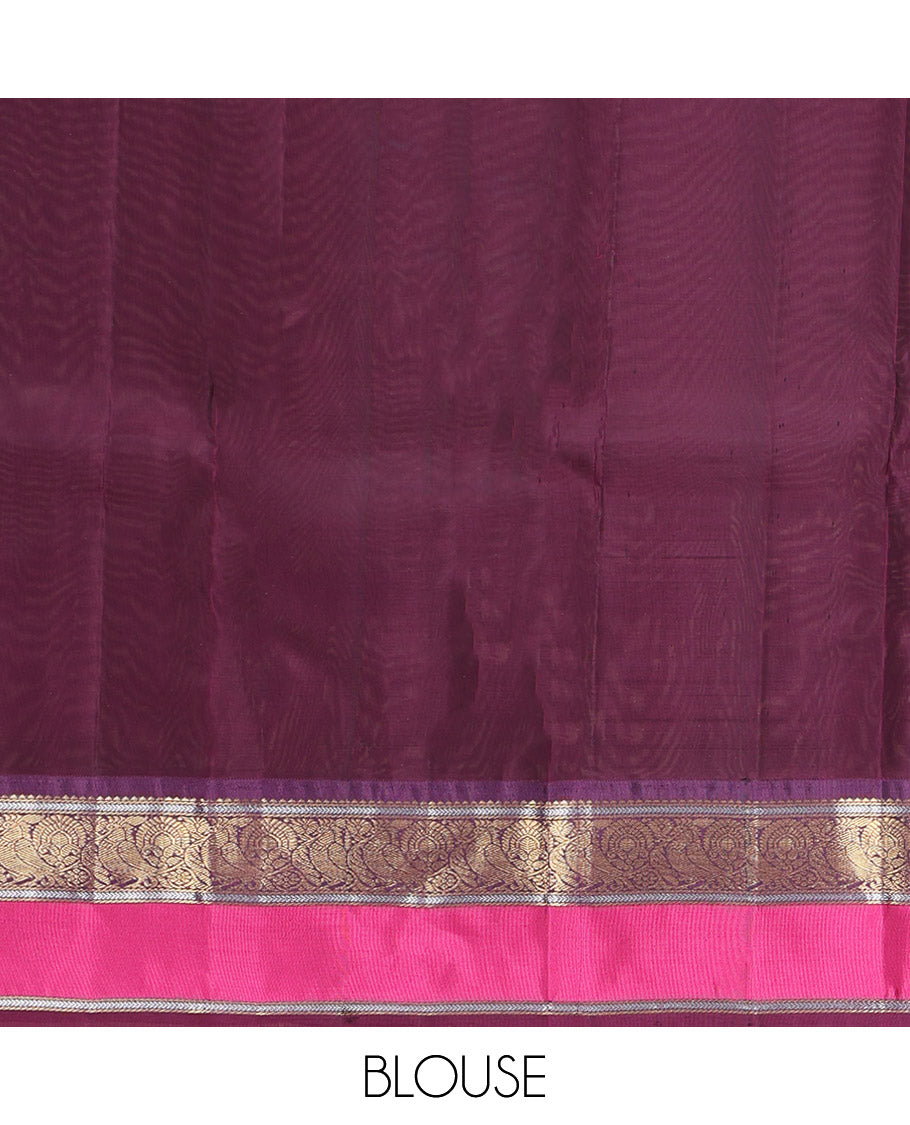 Maroon Vasundhara Lite Silk Mix Saree, Accentuated with Annam Chakram Zari Buttas, Complemented by a Contrast Rettai Pettu Border of Rekku, Kathir, and Mayil Designs, Meticulously Designed Pallu, and Paired with a Contrast Blouse