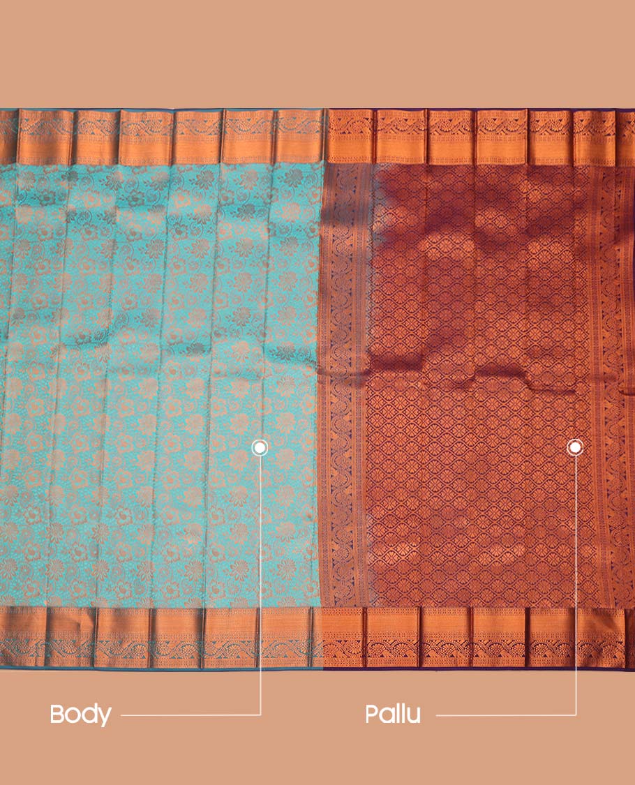 Blue Budget Silk Saree, Decorated with Floral Jacquard Design, Complemented by Contrast Traditional Zari Border, a Jaal Pallu and a Contrast Blouse