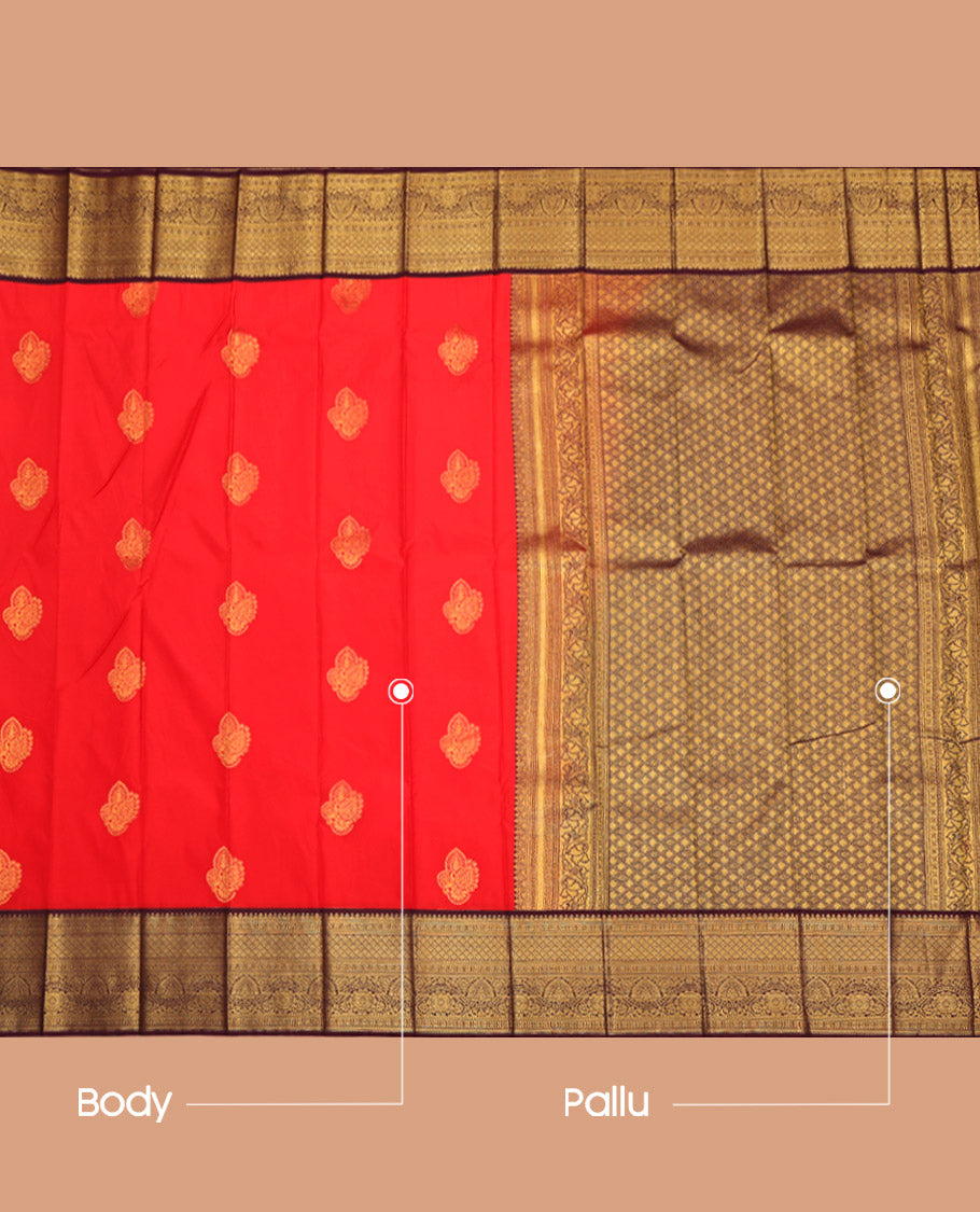 Red Budget Silk Saree, Finely Woven with Zari Buttas All Over Its Body, Complemented by a Contrast Traditional Zari Design Border, Grand Jaal Pallu, and Paired with a Contrast Blouse