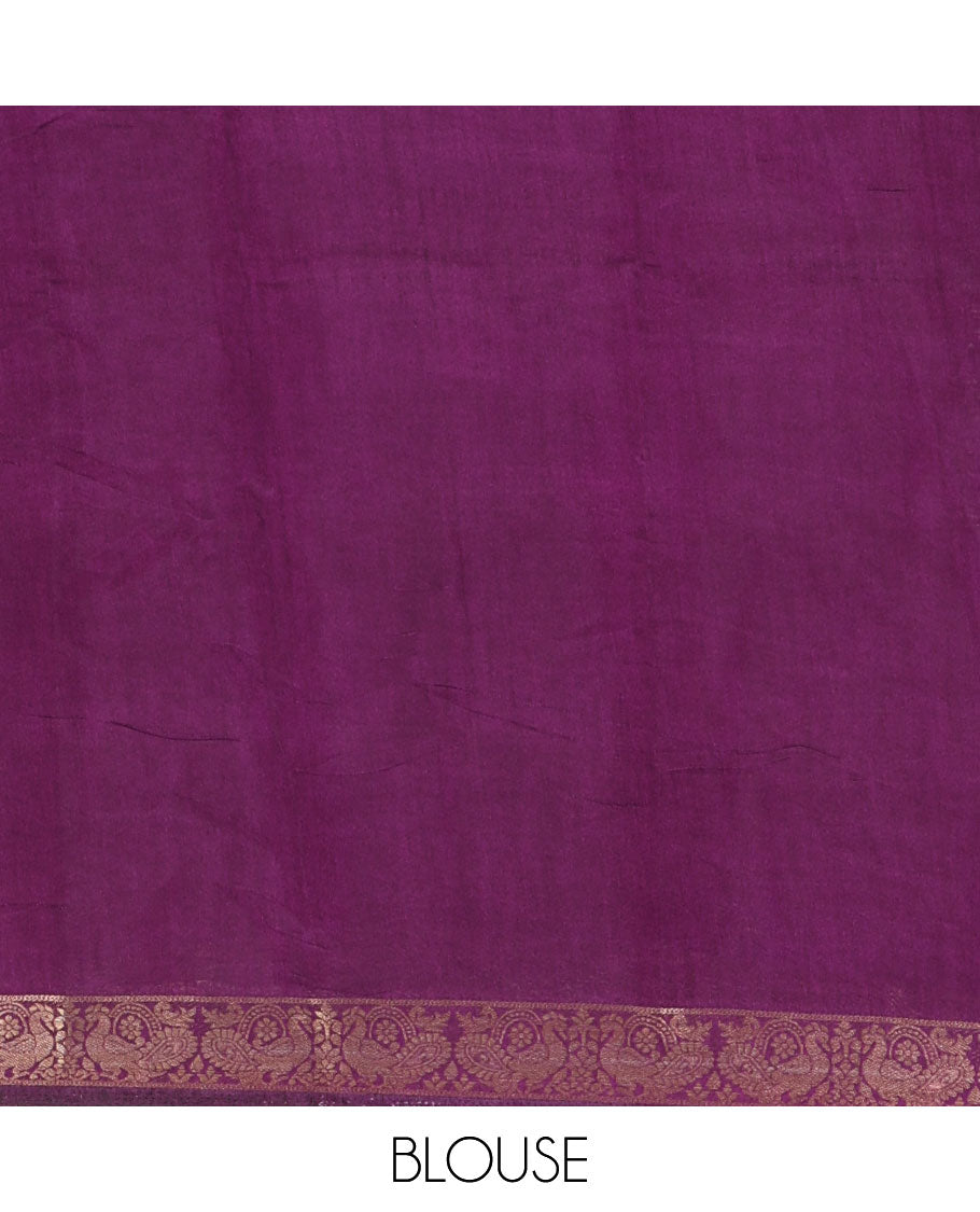 Rani pink batik style lehariya stripes printed muslin silk saree, contrast peacock zari woven border, Mughal inspired painting style motifs printed pallu and a contrast blouse