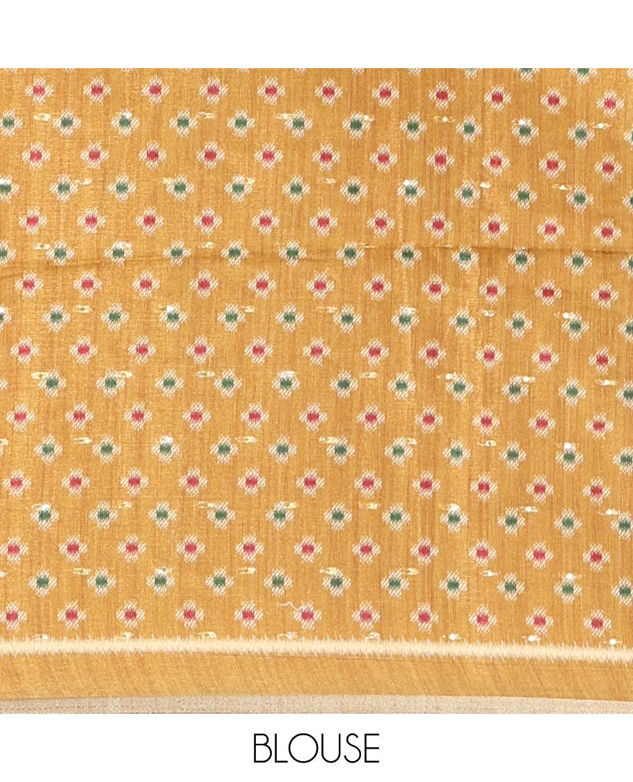 Grey buttas & kaleidoscope color elephant motifs printed katan silk saree, contrast multi-hue temple motif border, ikkat geometric print pallu & contrast printed blouse