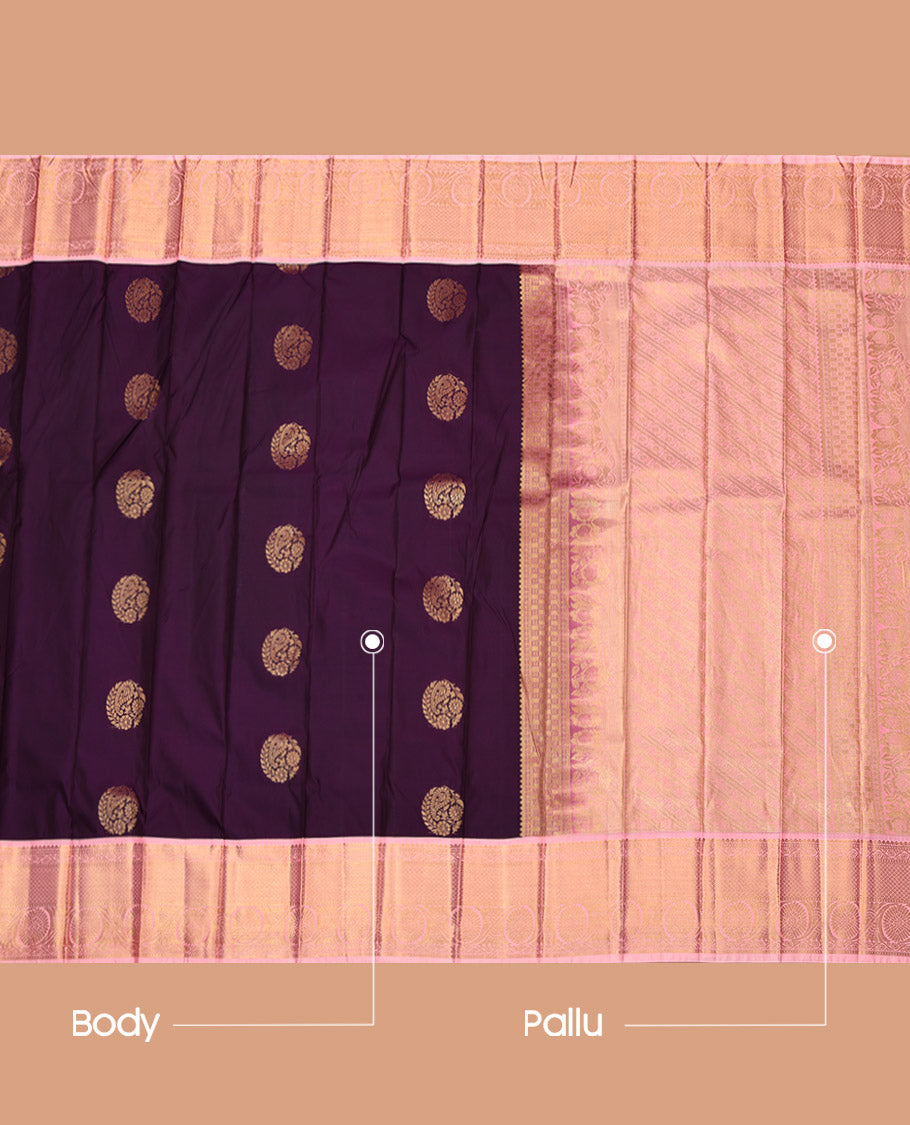 Purple Budget Silk Saree, Gleamed Up with Zari Buttas, Complemented by a Contrast Traditional Border, Grand Pallu, and a Contrast Blouse